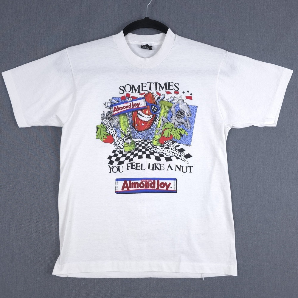 Vintage Almond Joy Shirt Size Large White Feel Like A Nut Tee USA Barger 1991